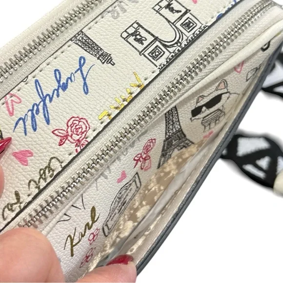 Karl Lagerfeld Paris Crossbody Bag Paris Print Cream Logo Strap Adjustable NWT - Picture 13 of 14